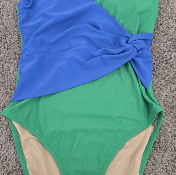 J. Crew One Piece Colorblock Swimsuit Green Blue V Neck Size Medium - Picture 2 of 10